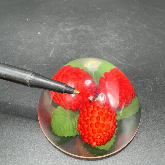 Dome Shape Acrylic Resin Lucite Round Paperweight Red Raspberry Leaves Vintage - Picture 4 of 13